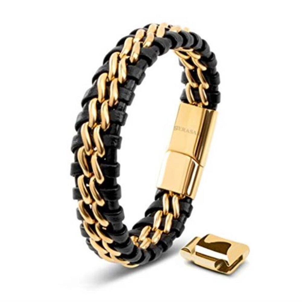 Mens Genuine Leather Bracelet Magnetic Clasp Black Steel 8 Inch